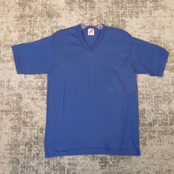 Vintage La Flame Shirt Mens Medium Blue Short Sleeve V Neck Single Stitch - Picture 2 of 9